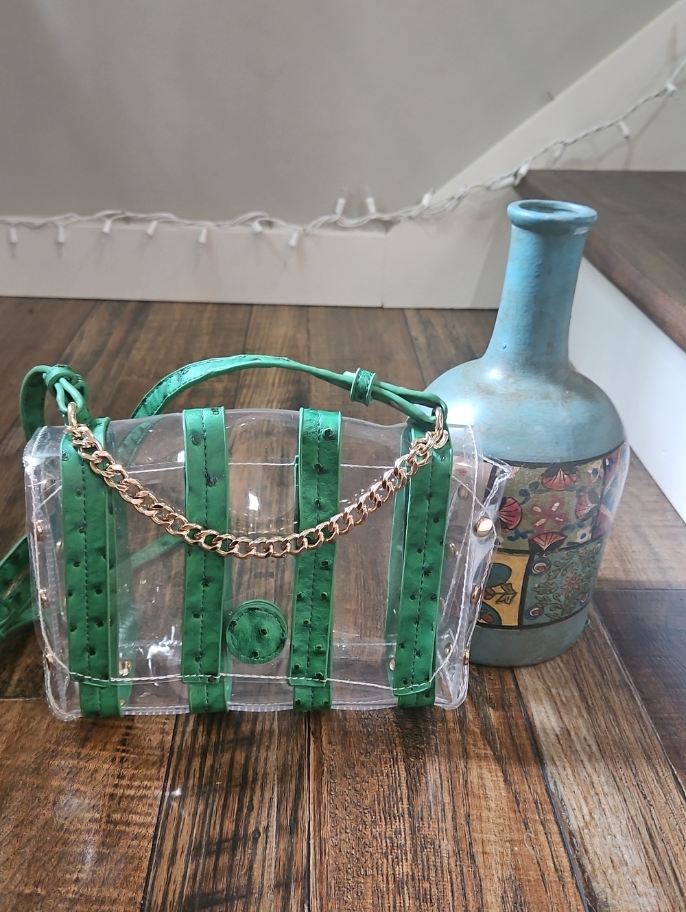 Cato Clear Security Check Ready Crossbody Bag with Green Trim and Gold Chain